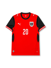 Front view of Austria 2026 home shirt with Konrad Laimer #20, ÖFB crest, and red-and-black design.