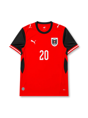 Front view of Austria 2026 home shirt with Konrad Laimer #20, ÖFB crest, and red-and-black design.