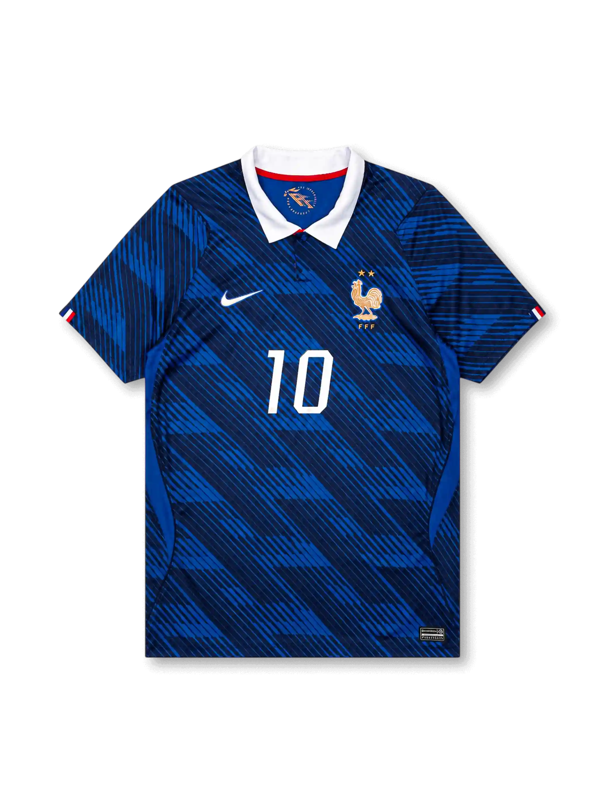 Front view of France 2026 home shirt with Kylian Mbappé #10, FFF crest with two stars, and white fold-over collar.