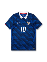 Front view of France 2026 home shirt with Kylian Mbappé #10, FFF crest with two stars, and white fold-over collar.