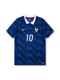 Front view of France 2026 home shirt with Kylian Mbappé #10, FFF crest with two stars, and white fold-over collar.