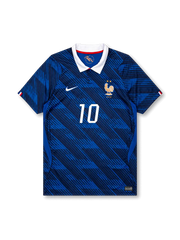 Front view of France 2026 home shirt with Kylian Mbappé #10, FFF crest with two stars, and white fold-over collar.