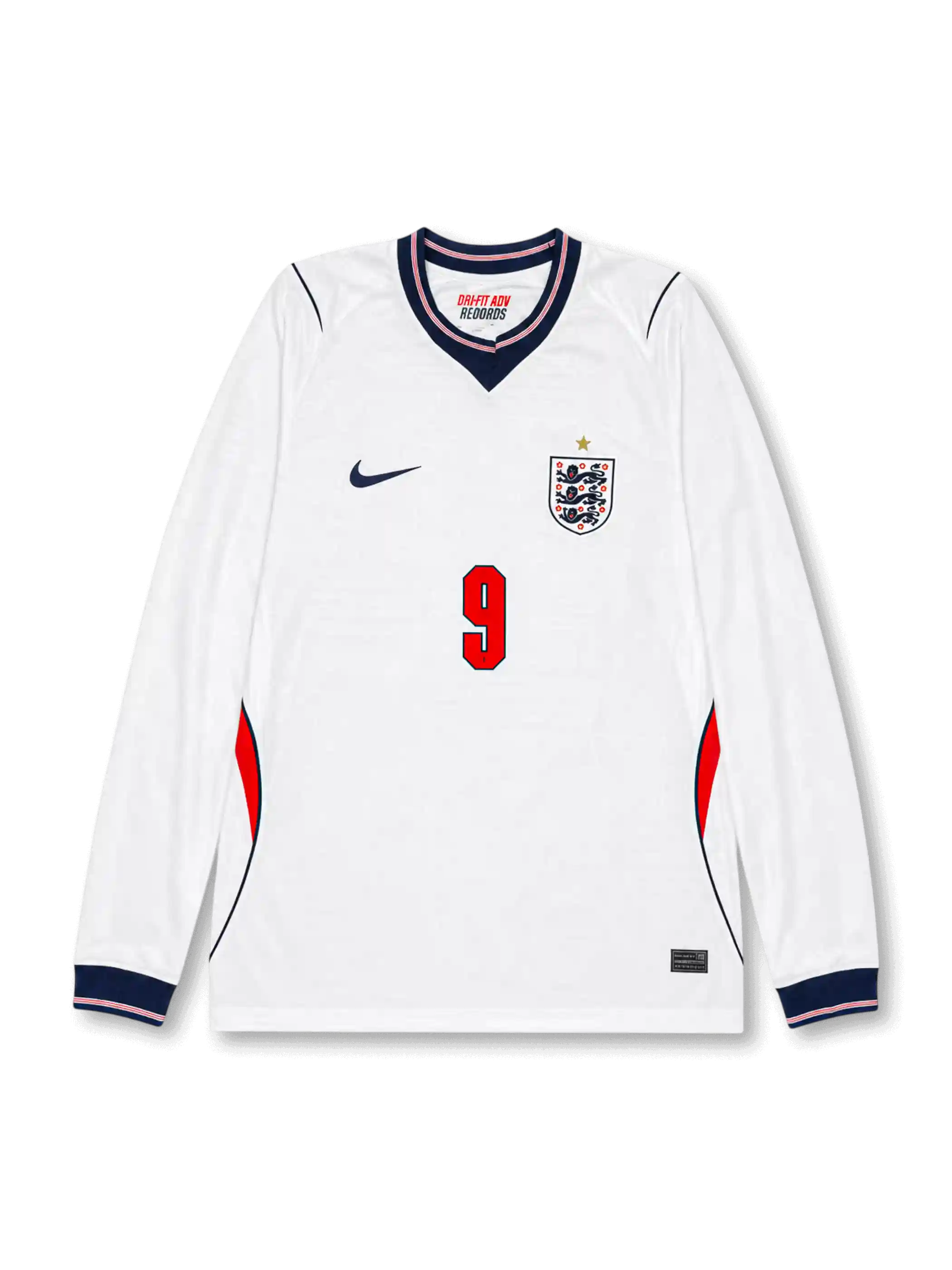 Front view of England 2026 home long sleeve shirt with Harry Kane #9, England crest with one star, and navy V-neck collar.