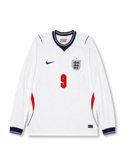 Front view of England 2026 home long sleeve shirt with Harry Kane #9, England crest with one star, and navy V-neck collar.