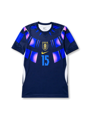 Front view of Uruguay 2026 away shirt with Federico Valverde #15, AUF crest with four stars, and geometric shoulder graphics.