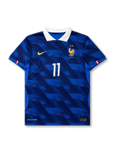 Front view of France 2026 home shirt for Michael Olise #11 with FFF crest, white fold-over collar, and tonal blue graphic pattern.