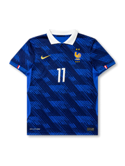 Front view of France 2026 home shirt for Michael Olise #11 with FFF crest, white fold-over collar, and tonal blue graphic pattern.