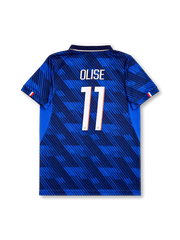 Front view of France 2026 home shirt for Michael Olise #11 with FFF crest, white fold-over collar, and tonal blue graphic pattern.