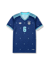 Front view of Germany 2026 away shirt with Joshua Kimmich #6, DFB crest with four stars, Trefoil logo, and navy base with light blue accents.