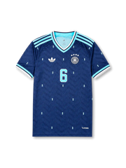 Front view of Germany 2026 away shirt with Joshua Kimmich #6, DFB crest with four stars, Trefoil logo, and navy base with light blue accents.