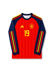 Front view of Spain 2026 home long sleeve shirt with Lamine Yamal #19, Spain crest, and yellow pinstripe design.