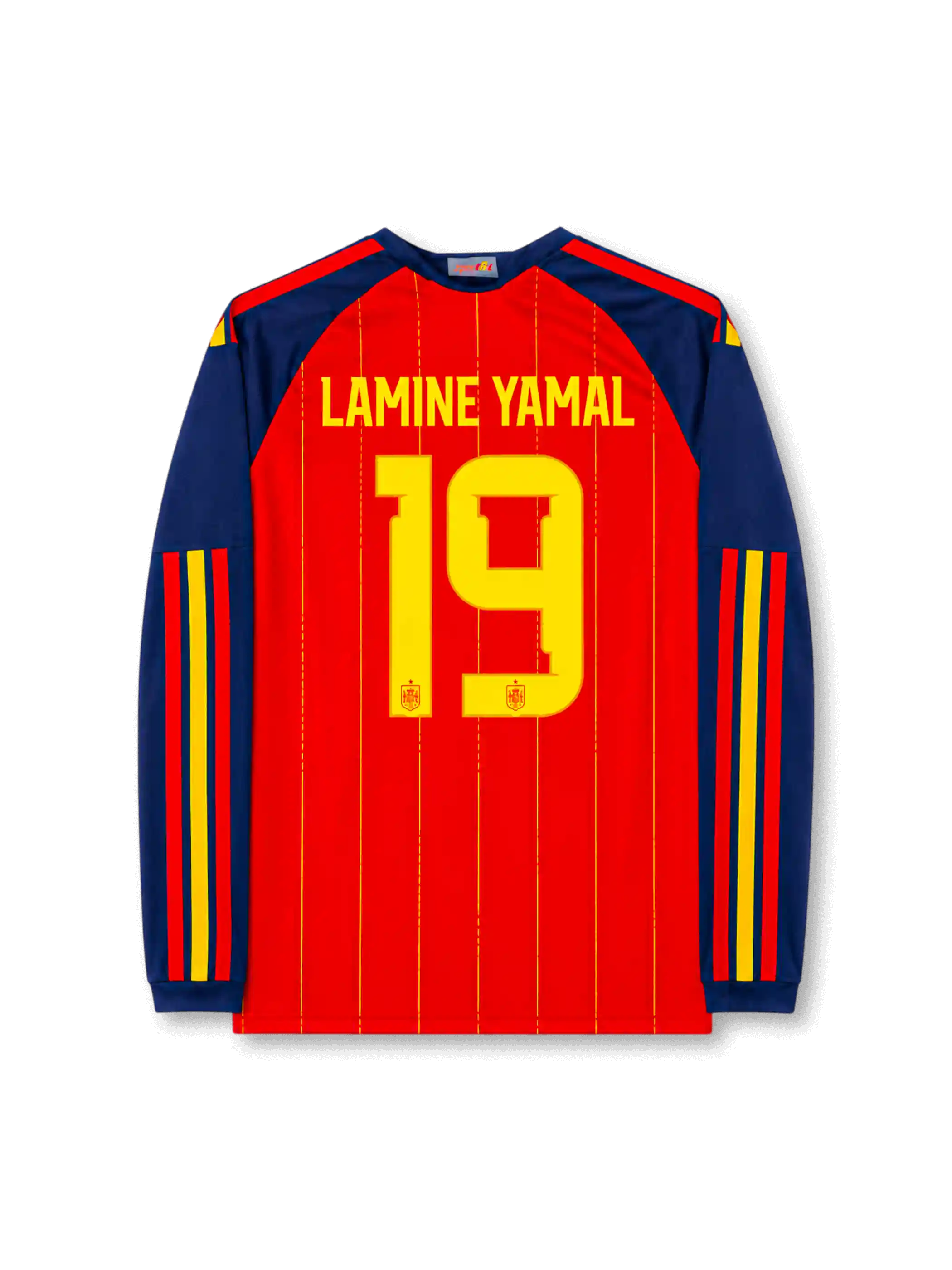 Back view of Spain 2026 home long sleeve shirt with LAMINE YAMAL name-set and number 19.