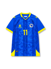 Front view of Bosnia and Herzegovina 2026 home shirt with Edin Džeko #11, federation crest, and tonal blue graphic design.