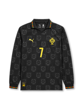 Front view of Portugal 2026 black long sleeve special edition shirt with Cristiano Ronaldo #7, Portugal crest, gold PUMA logo, and tonal repeating crest pattern.