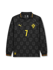 Front view of Portugal 2026 black long sleeve special edition shirt with Cristiano Ronaldo #7, Portugal crest, gold PUMA logo, and tonal repeating crest pattern.