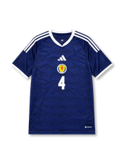 Front view of Scotland 2026 home shirt with number 4, Scotland crest, white shoulder stripes, and blue home design.