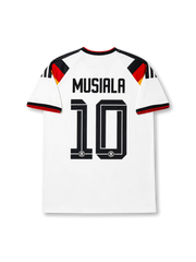 Germany 2026 home shirt with MUSIALA #10, four-star DFB crest, black-red-gold chevron graphics, CLIMACOOL construction, and matching front and back player print.