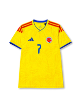 Colombia 2026 home shirt with LUIS DIAZ #7, federation crest, red shoulder stripes, blue trim, and matching front and back player print.