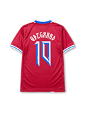 Norway 2026 home shirt with ØDEGAARD #10, federation crest, red-white-blue vertical stripes, burgundy sleeves, and matching front and back player print.