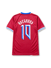 Norway 2026 home shirt with ØDEGAARD #10, federation crest, red-white-blue vertical stripes, burgundy sleeves, and matching front and back player print.