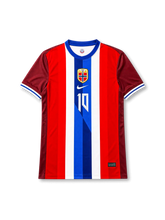 Norway 2026 home shirt with ØDEGAARD #10, federation crest, red-white-blue vertical stripes, burgundy sleeves, and matching front and back player print.
