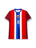 Norway 2026 home shirt with ØDEGAARD #10, federation crest, red-white-blue vertical stripes, burgundy sleeves, and matching front and back player print.