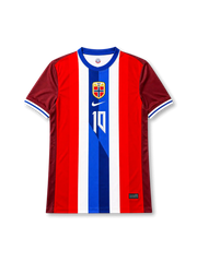 Norway 2026 home shirt with ØDEGAARD #10, federation crest, red-white-blue vertical stripes, burgundy sleeves, and matching front and back player print.