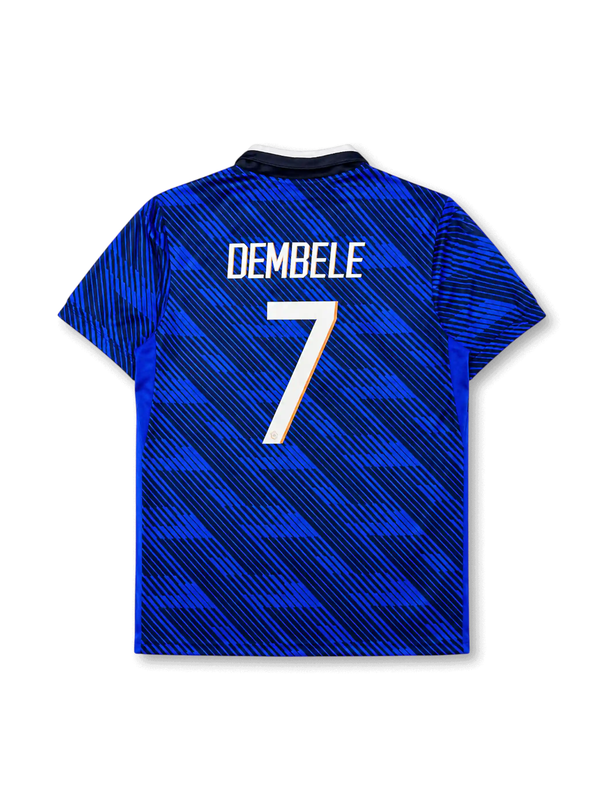 France 2026 home football shirt in blue with DEMBELE #7, white collar, gold crest details, front number 7, and matching back name set.