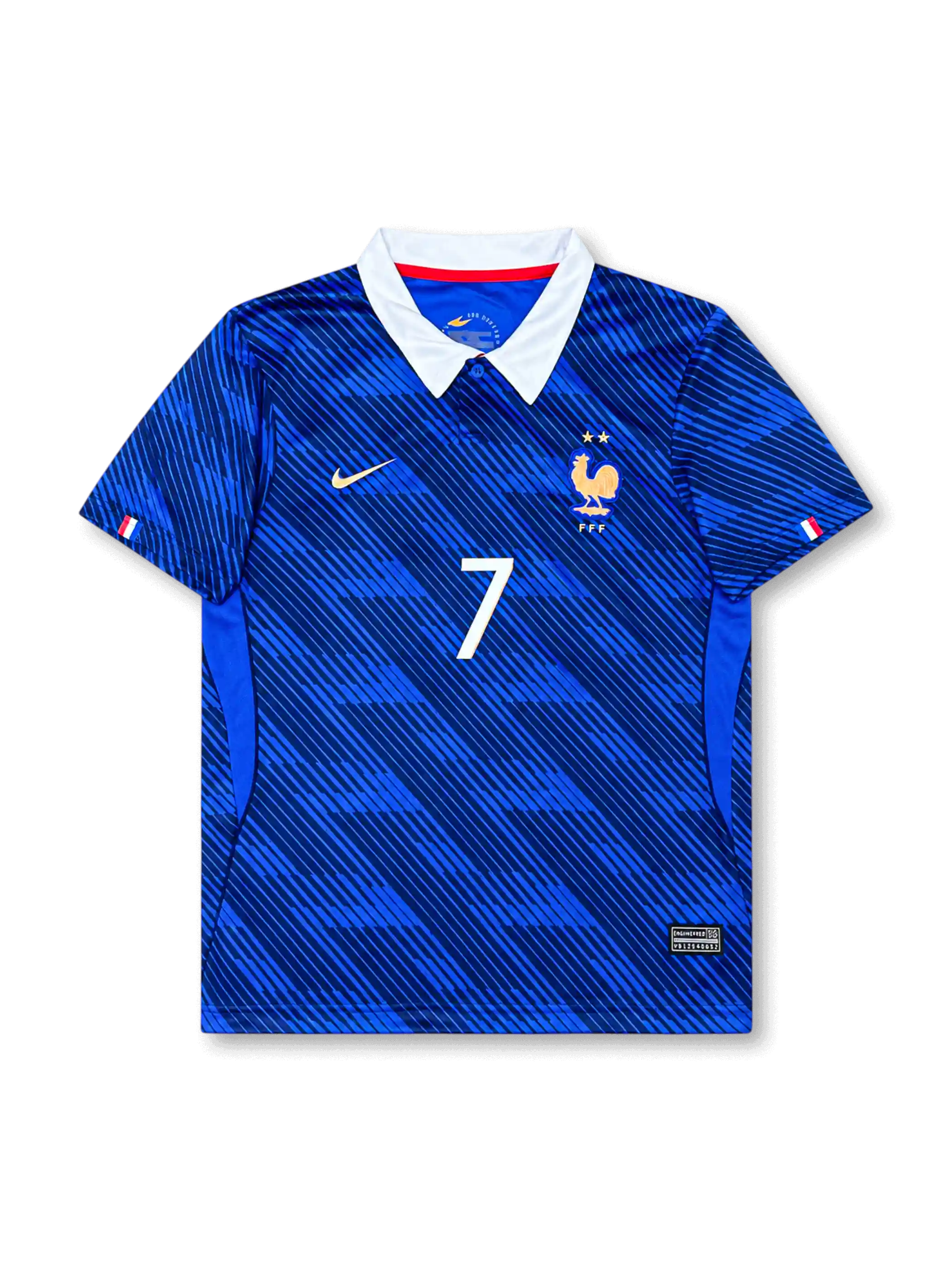 France 2026 home football shirt in blue with DEMBELE #7, white collar, gold crest details, front number 7, and matching back name set.