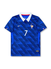 France 2026 home football shirt in blue with DEMBELE #7, white collar, gold crest details, front number 7, and matching back name set.