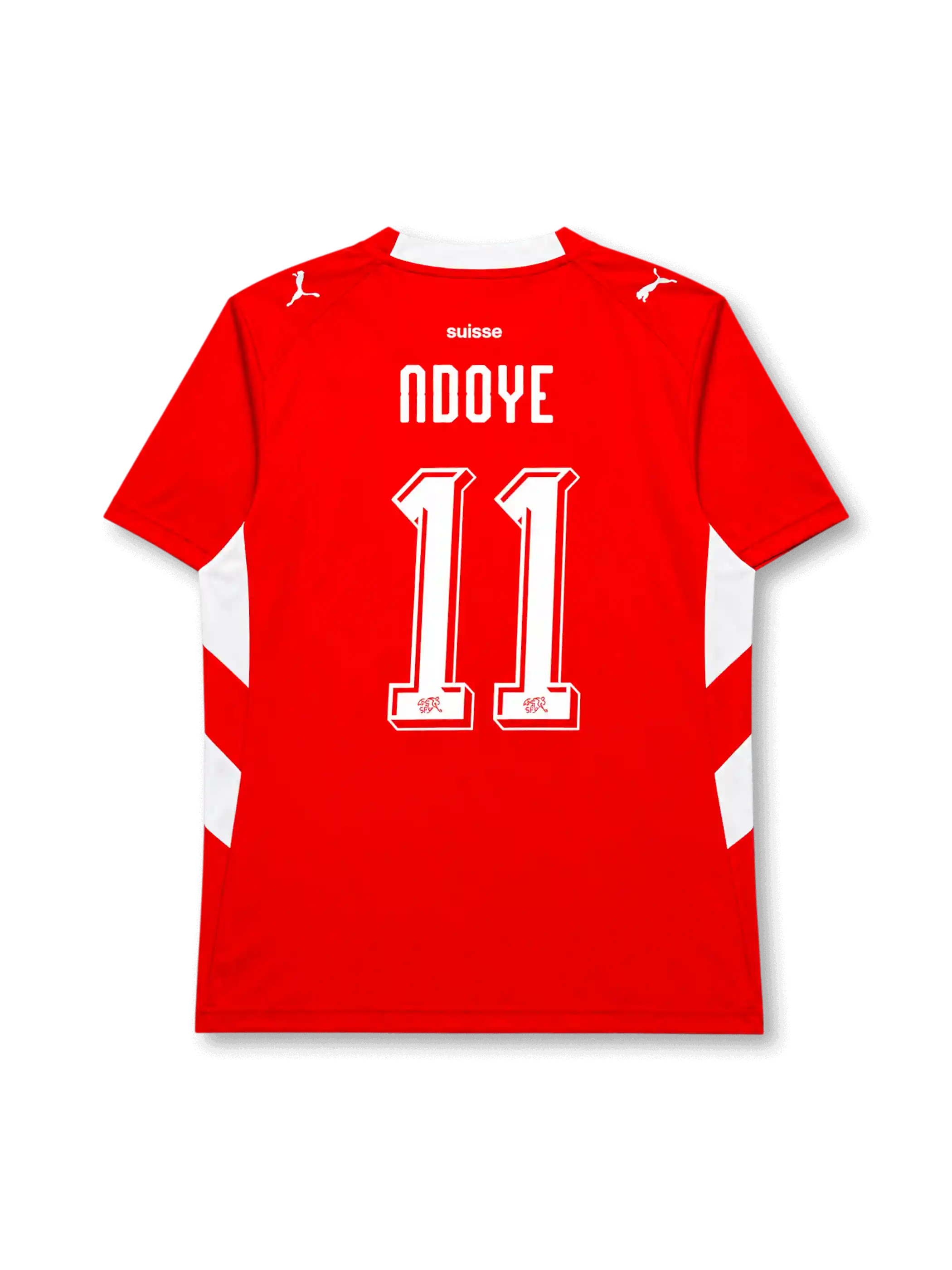 Switzerland 2026 home shirt with NDOYE #11, Swiss federation details, white geometric side panels, DRYCELL construction, and matching front and back player print.