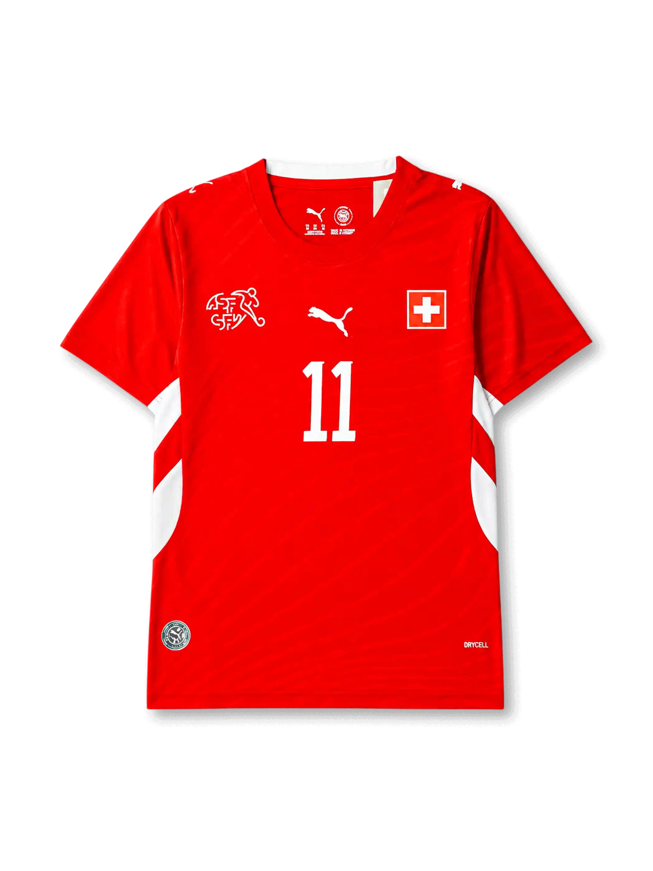 Switzerland 2026 home shirt with NDOYE #11, Swiss federation details, white geometric side panels, DRYCELL construction, and matching front and back player print.