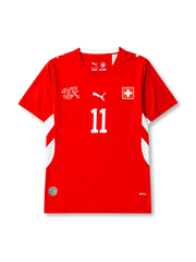 Switzerland 2026 home shirt with NDOYE #11, Swiss federation details, white geometric side panels, DRYCELL construction, and matching front and back player print.