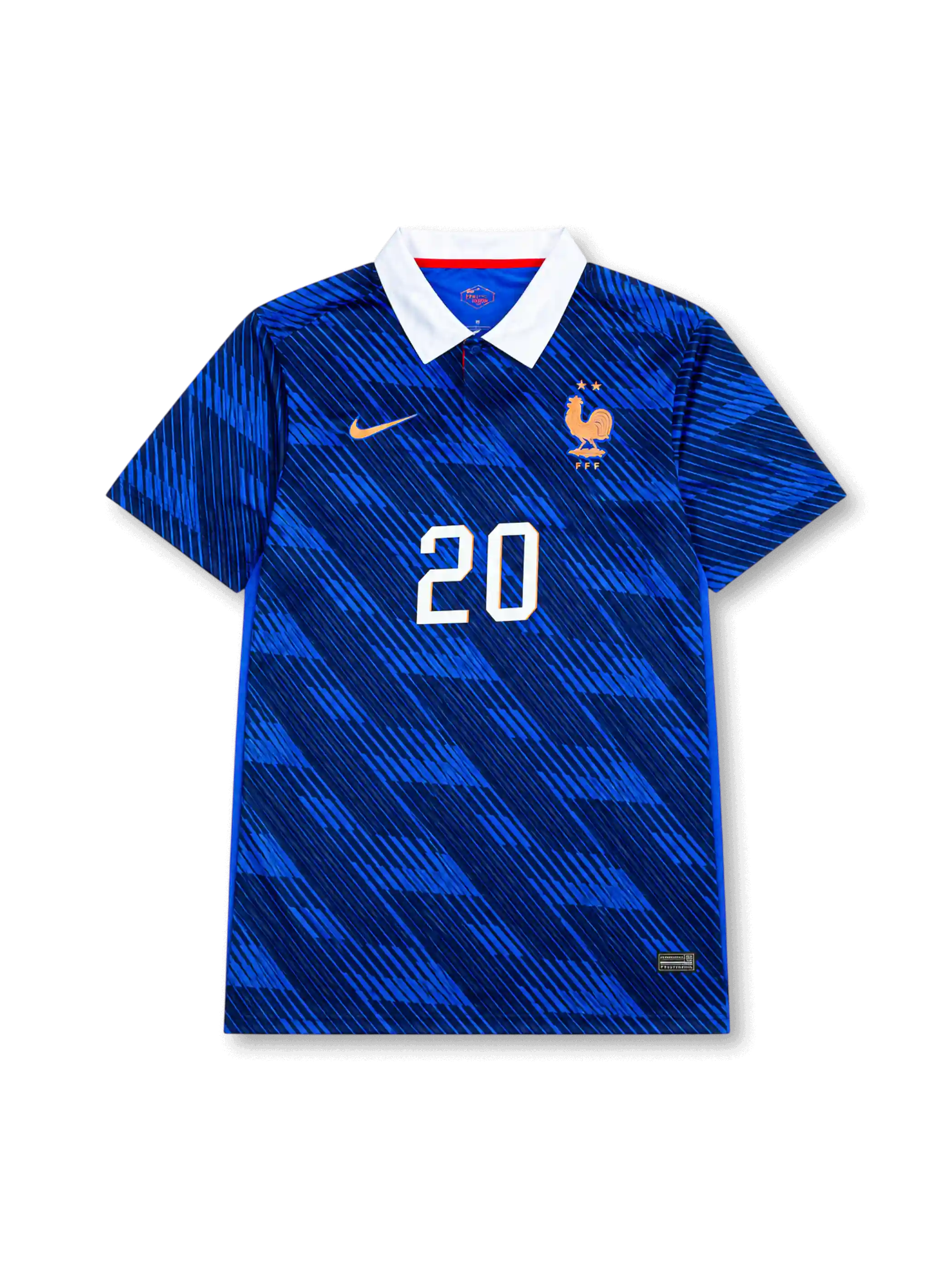 Désiré Doué #20 France 2026 World Cup home blue football jersey with white collar, France crest, front number 20, and DOUÉ name set on the back.