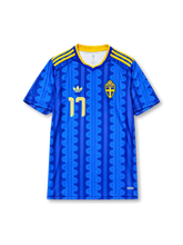 Viktor Gyökeres #11 Sweden 2026 World Cup away football jersey in blue with yellow trim, Sweden crest, front number 11, and Gyökeres name and number on the back.
