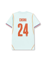 Rayan Cherki #24 France 2026 World Cup away football jersey in light blue with orange details, France crest, front number 24, and Cherki name and number on the back.