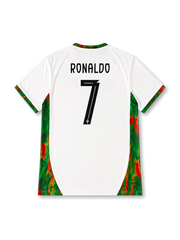 Cristiano Ronaldo #7 Portugal 2026 World Cup away football jersey with white base, green and red details, Portugal crest, front number 7, and Ronaldo name and number on the back.