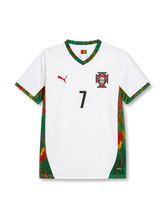 Cristiano Ronaldo #7 Portugal 2026 World Cup away football jersey with white base, green and red details, Portugal crest, front number 7, and Ronaldo name and number on the back.