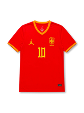 Neymar Jr. #10 Brazil 2026 World Cup red football jersey with yellow trim, Brazil crest, front number 10, and Neymar Jr. name and number on the back.
