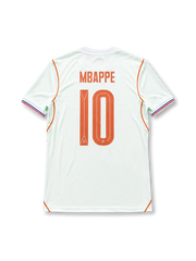 Kylian Mbappé #10 France 2026 World Cup away jersey in off-white with orange number 10 on the front and MBAPPÉ name and number 10 on the back.