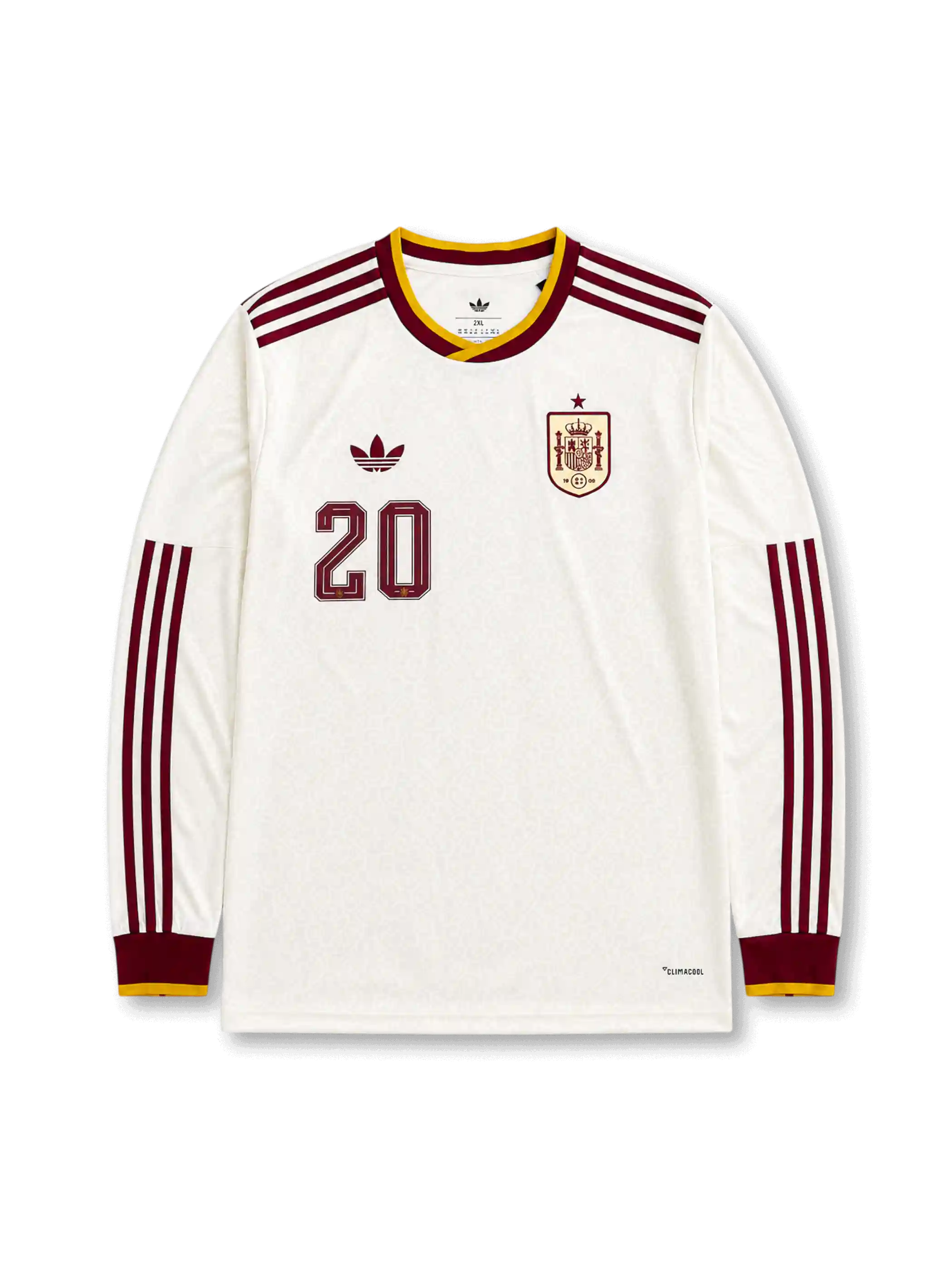 Spain 2026 away long sleeve shirt with PEDRI #20, off-white body, burgundy stripes, gold trim, Trefoil branding, and matching front and back player print.