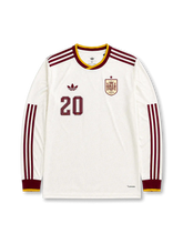 Spain 2026 away long sleeve shirt with PEDRI #20, off-white body, burgundy stripes, gold trim, Trefoil branding, and matching front and back player print.