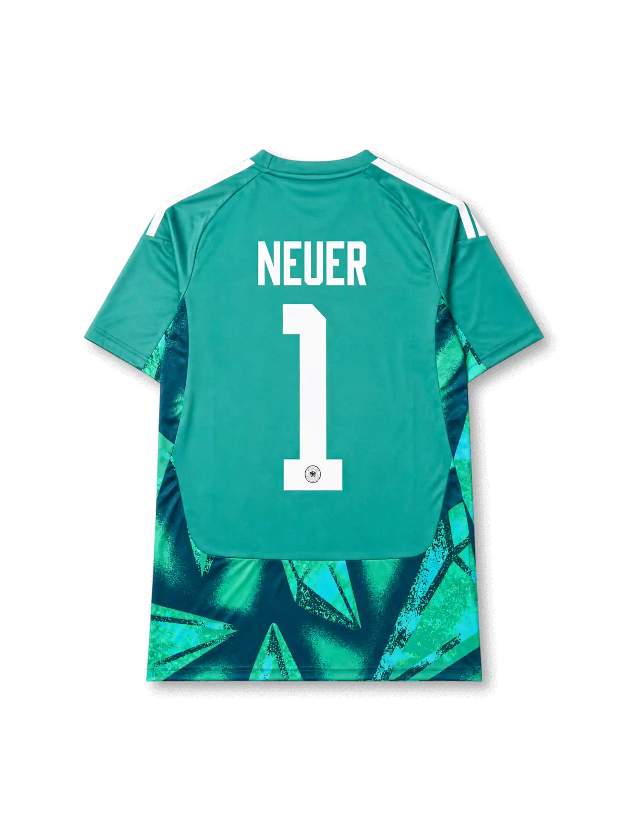 Germany 2026 green goalkeeper football jersey for Manuel Neuer #1 with white shoulder stripes, four-star crest, front number 1, and matching back name and number.