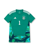 Germany 2026 green goalkeeper football jersey for Manuel Neuer #1 with white shoulder stripes, four-star crest, front number 1, and matching back name and number.