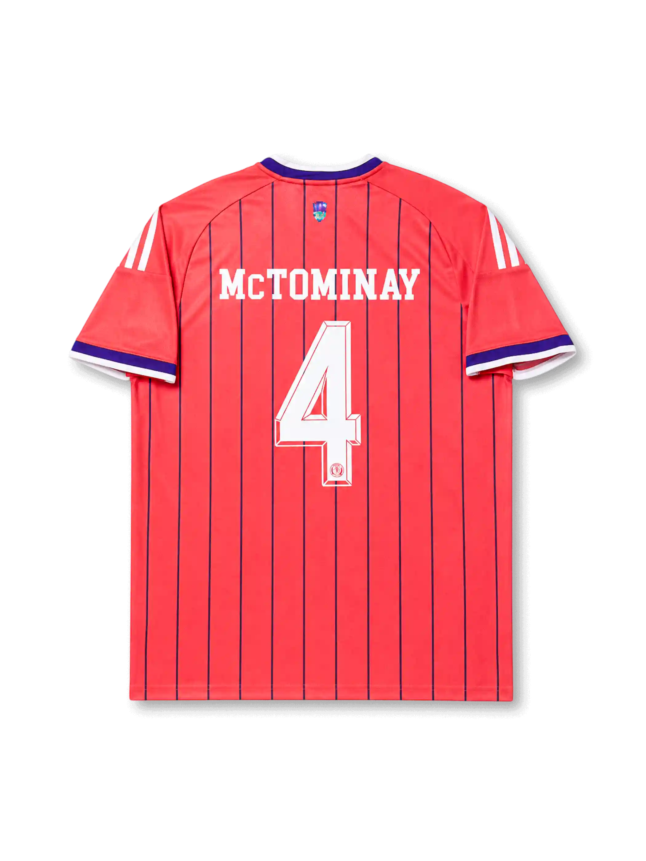 Scotland 2026 away shirt with MCTOMINAY #4, coral-orange body, navy vertical pinstripes, Scotland crest, Trefoil branding, and matching front and back player print.