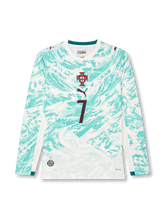 Portugal 2026 away long sleeve shirt with Cristiano Ronaldo #7, white base, mint wave pattern, centered Portugal crest, Puma logo, and matching front and back player print.