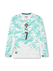 Portugal 2026 away long sleeve shirt with Cristiano Ronaldo #7, white base, mint wave pattern, centered Portugal crest, Puma logo, and matching front and back player print.