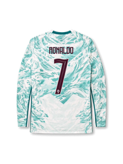 Portugal 2026 away long sleeve shirt with Cristiano Ronaldo #7, white base, mint wave pattern, centered Portugal crest, Puma logo, and matching front and back player print.