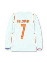 France 2026 away long sleeve football jersey with Antoine Griezmann #7, pale mint base, orange trim, France crest, and matching front and back player print.