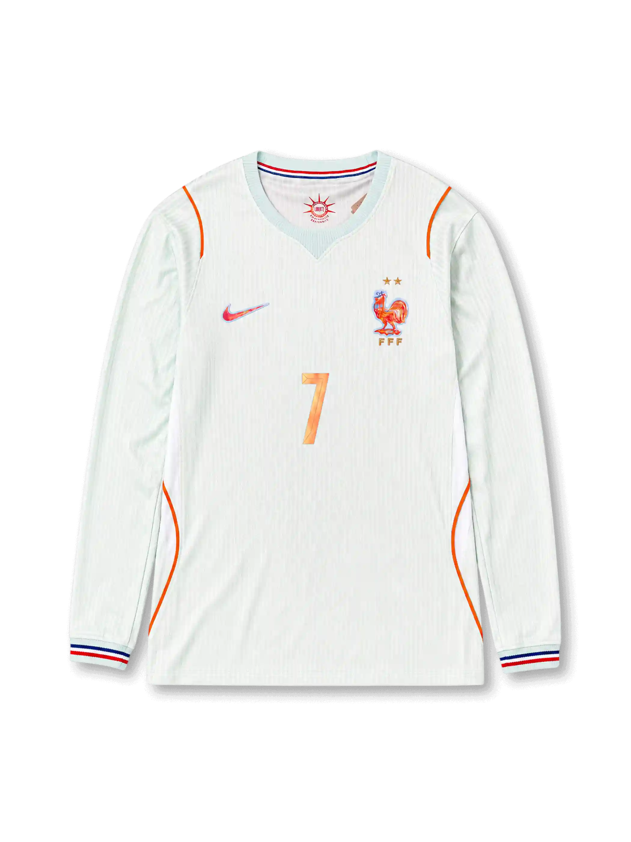France 2026 away long sleeve football jersey with Antoine Griezmann #7, pale mint base, orange trim, France crest, and matching front and back player print.